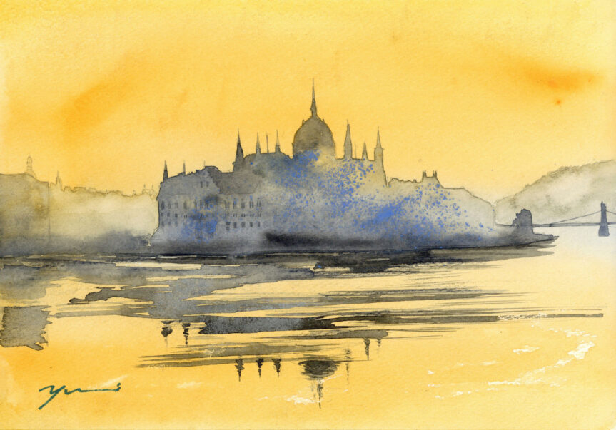 2月水彩色鉛筆教室 「ドナウの残光」