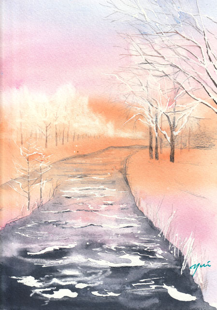 1月水彩色鉛筆教室 風景画コース「冬茜」