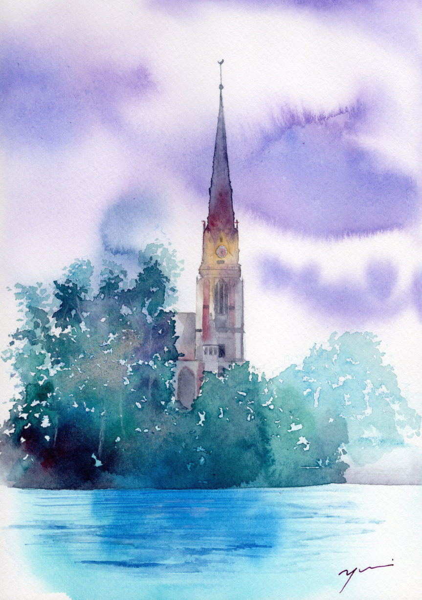 11月水彩色鉛筆風景画コース「フランクフルトの水面」