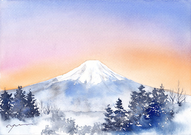 1月水彩色えんぴつ教室風景画 冬富士山 描き方 すい さい いろ Suisaiiro