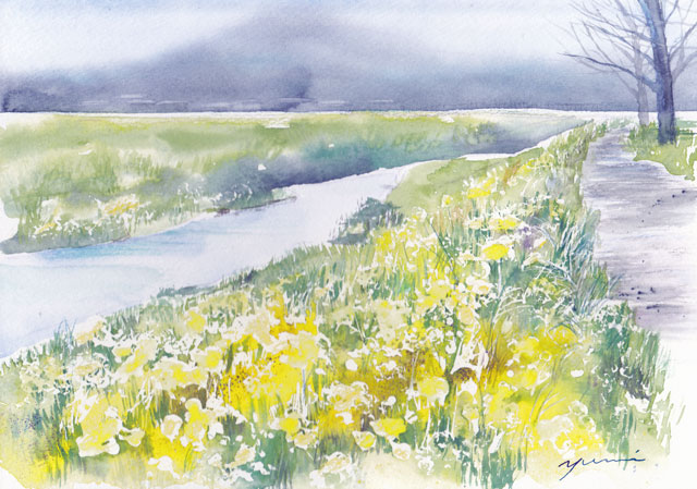 3月水彩色えんぴつ 風景画「菜の花咲く川辺」 | すい・さい