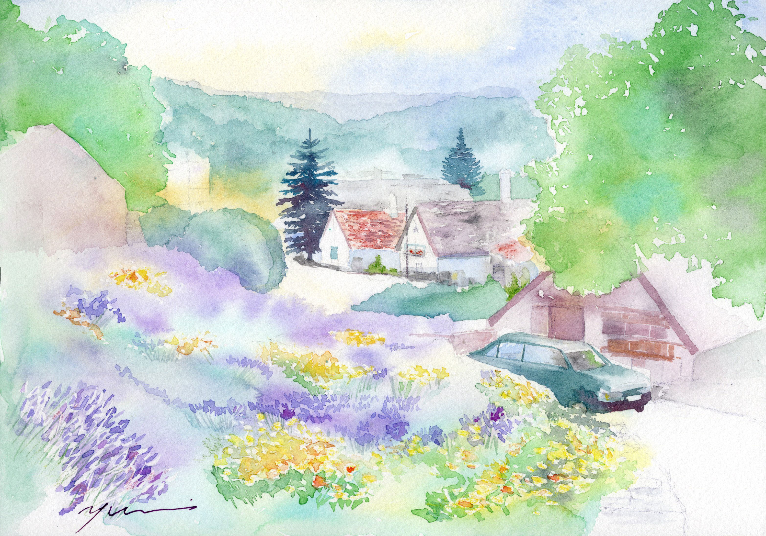 7月水彩色えんぴつ風景画コース 絵本のような町 ティハニー すい さい いろ Suisaiiro