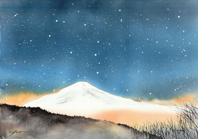 12月水彩色鉛筆教室「富士の雪」