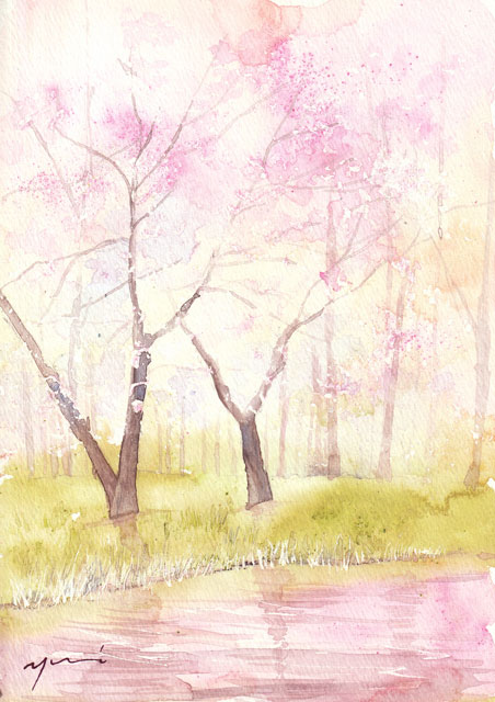 4月水彩色鉛筆教室 風景画コース「桜川」