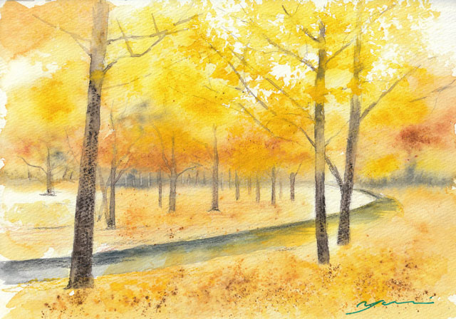 11月水彩色鉛筆教室 風景画コース「イチョウ公園」
