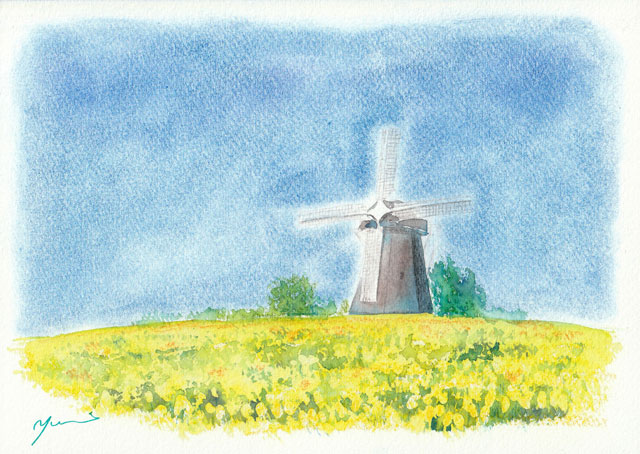 4月水彩色鉛筆 風景画コース「風車のある風景」