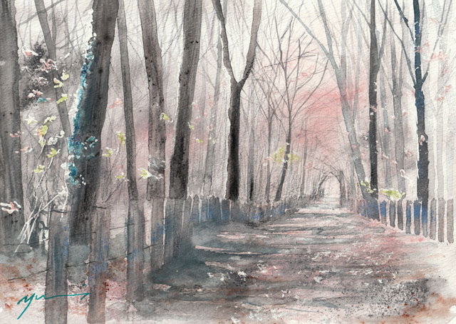 12月水彩色鉛筆 風景画コース「冬の森」