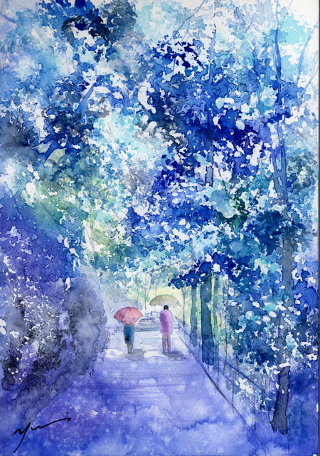 7月水彩色鉛筆 風景画コース「やさしい雨」