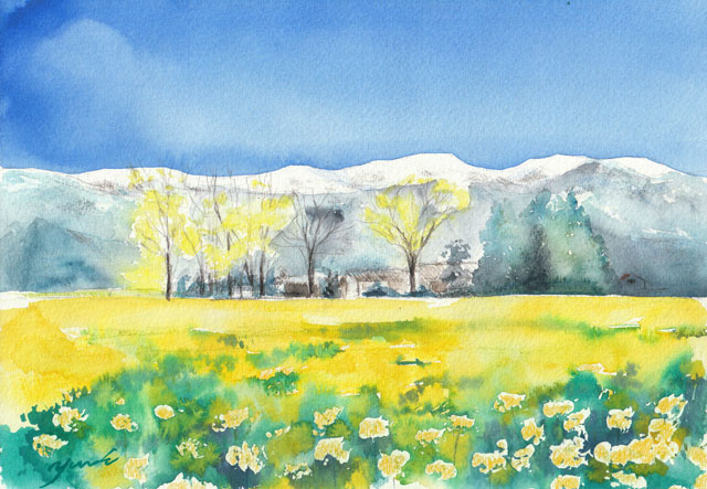 3月水彩色鉛筆 風景画コース「春の野」