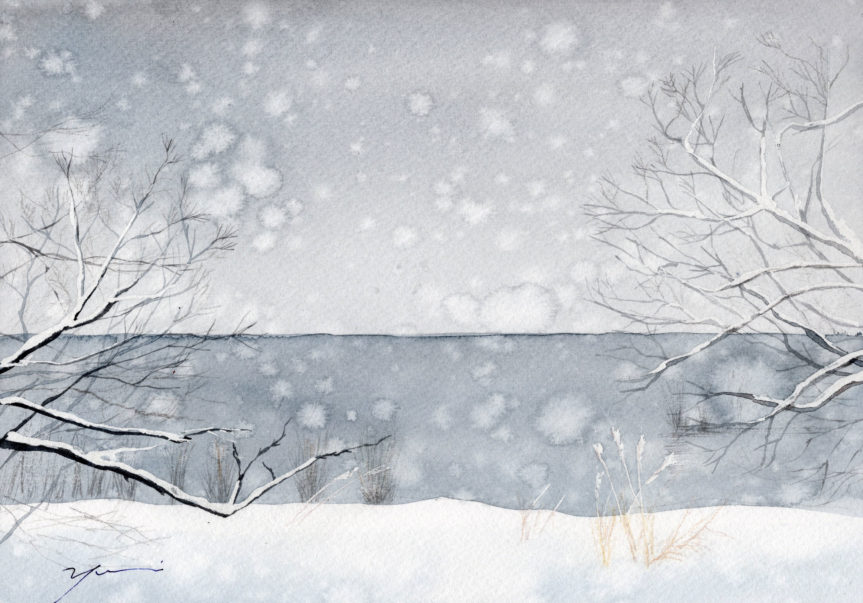 １月水彩色鉛筆風景画コース「冬の湖畔」