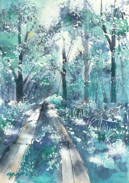9月水彩色鉛筆 風景画コース「forest blue」