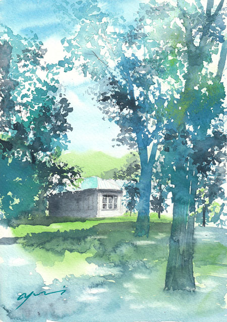 9月水彩色鉛筆教室 風景画コース「木陰」