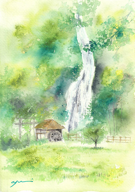 6月水彩色鉛筆教室 風景画コース「水車小屋と滝」