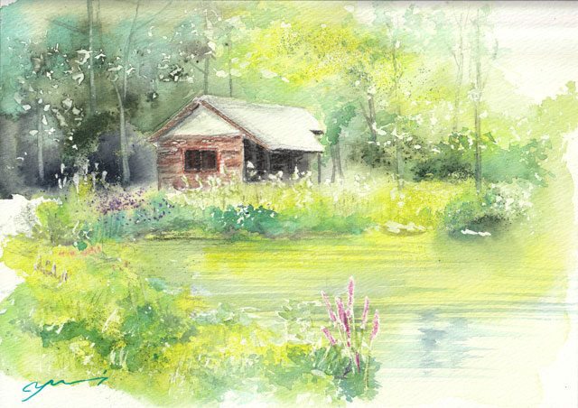 9月水彩色鉛筆教室 風景画コース「ほとりの小屋」