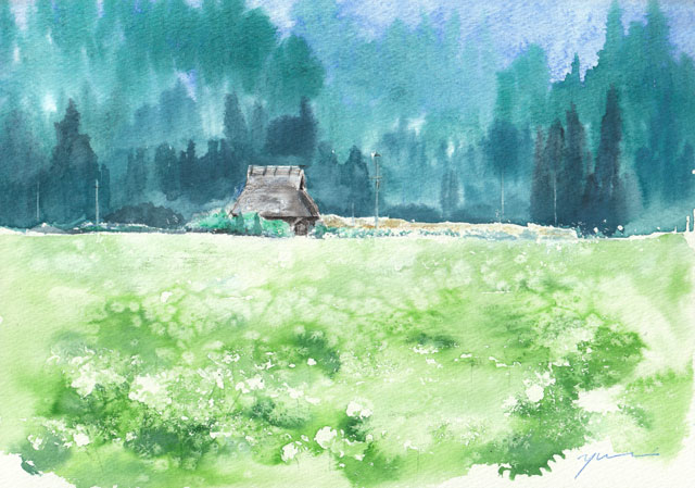 8月水彩色鉛筆 風景画コース「里山そばの花畑」