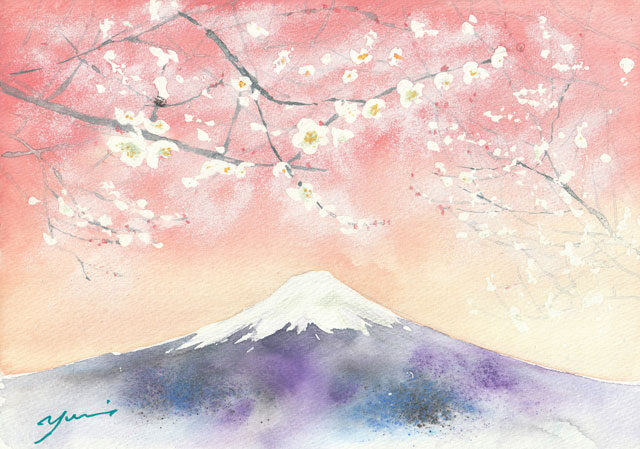 2月水彩色鉛筆 風景画コース「富士山と白梅」
