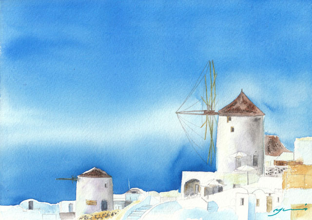 7月水彩色鉛筆教室 風景画コース「ミコノス島」